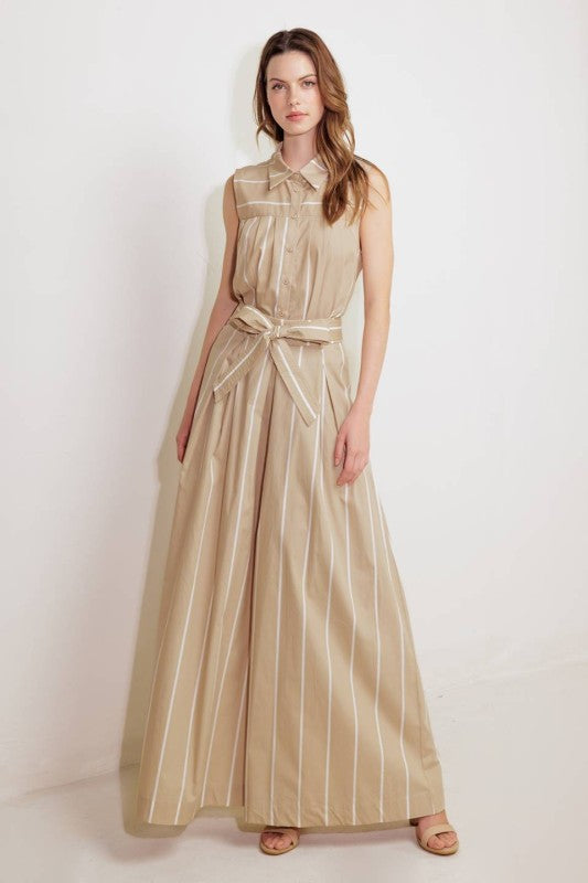 Beige Striped Wide-Leg Pants