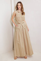 Beige Striped Wide-Leg Pants