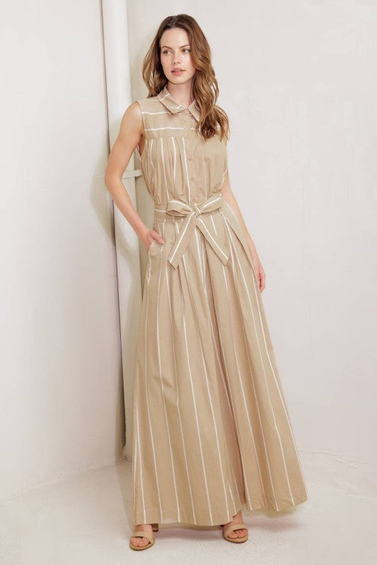 Beige Striped Wide-Leg Pants