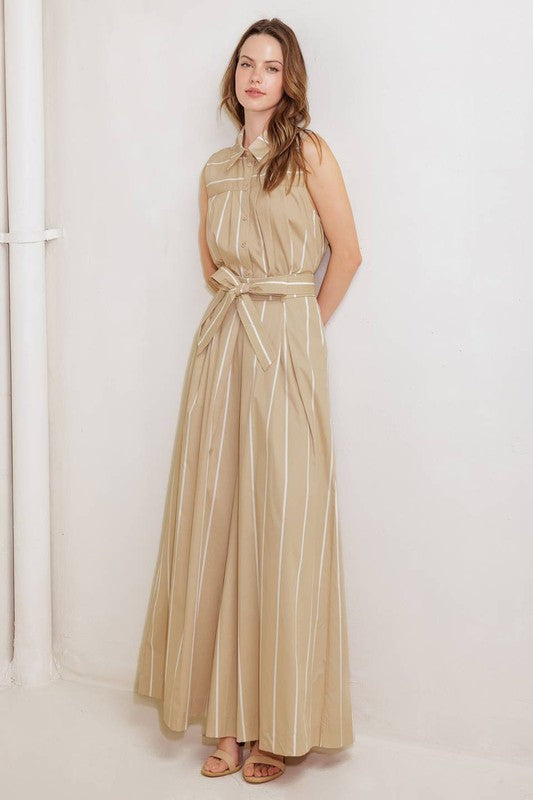 Beige Striped Wide-Leg Pants