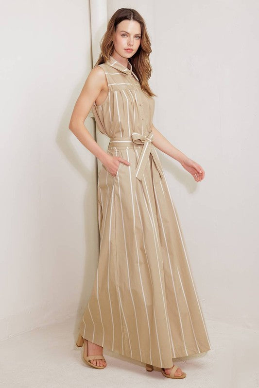 Beige Striped Wide-Leg Pants