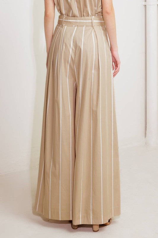 Beige Striped Wide-Leg Pants