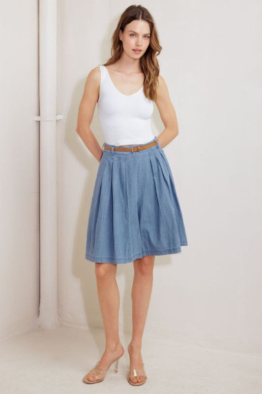 Pleated Denim Bermuda Shorts