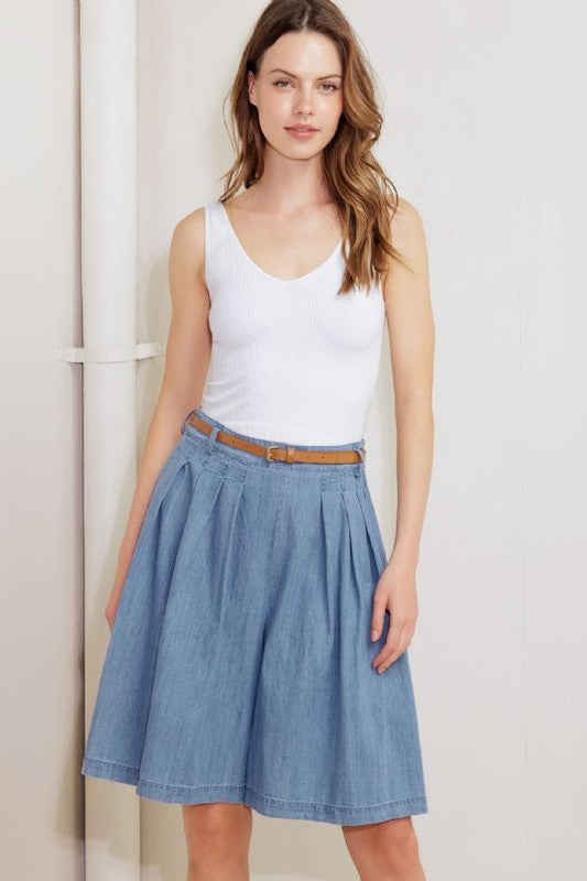 Pleated Denim Bermuda Shorts