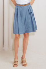 Pleated Denim Bermuda Shorts