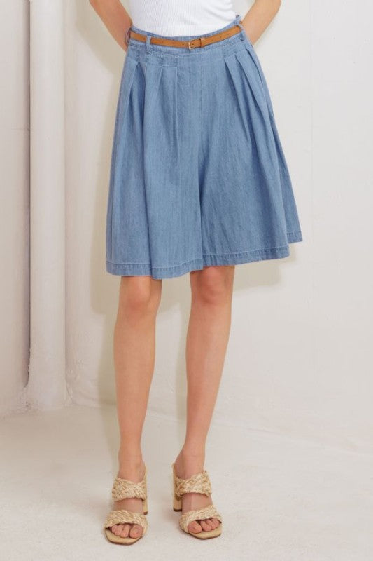 Pleated Denim Bermuda Shorts