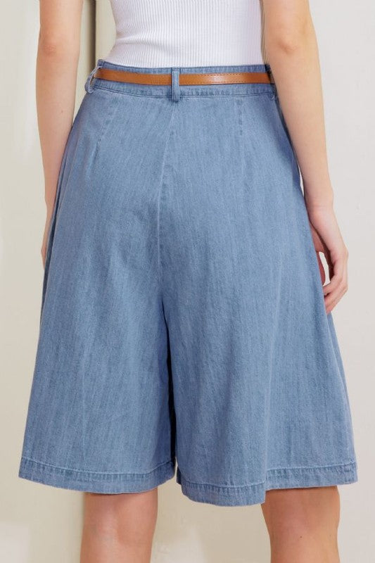 Pleated Denim Bermuda Shorts