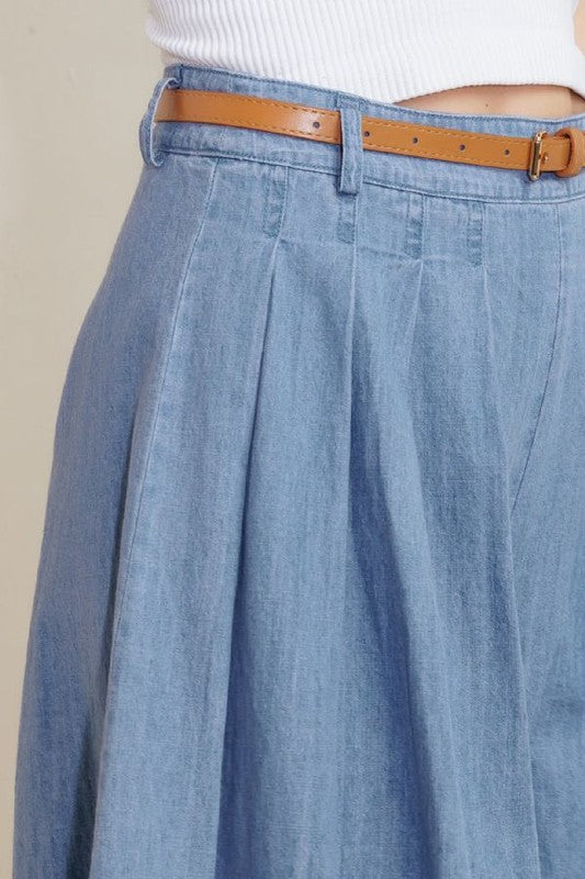 Pleated Denim Bermuda Shorts