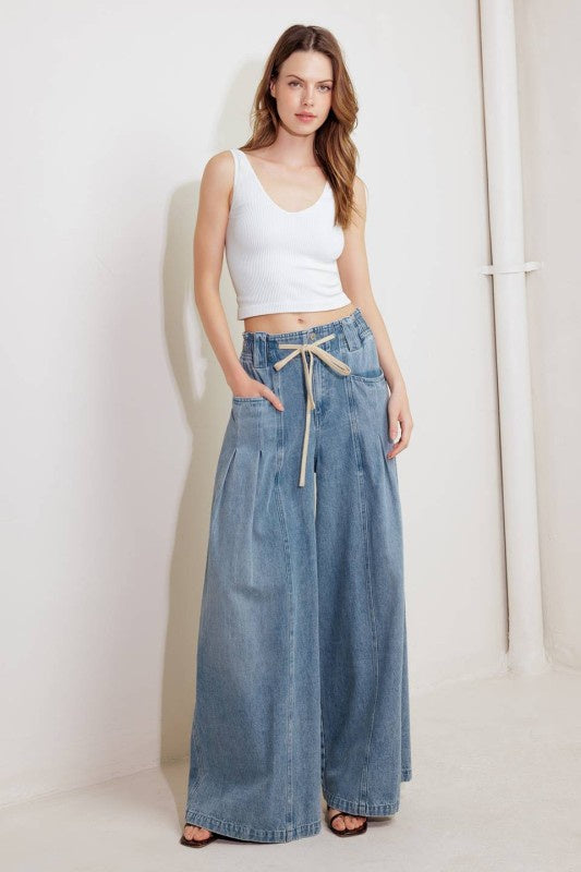 Drawstring Wide-Leg Denim Pants