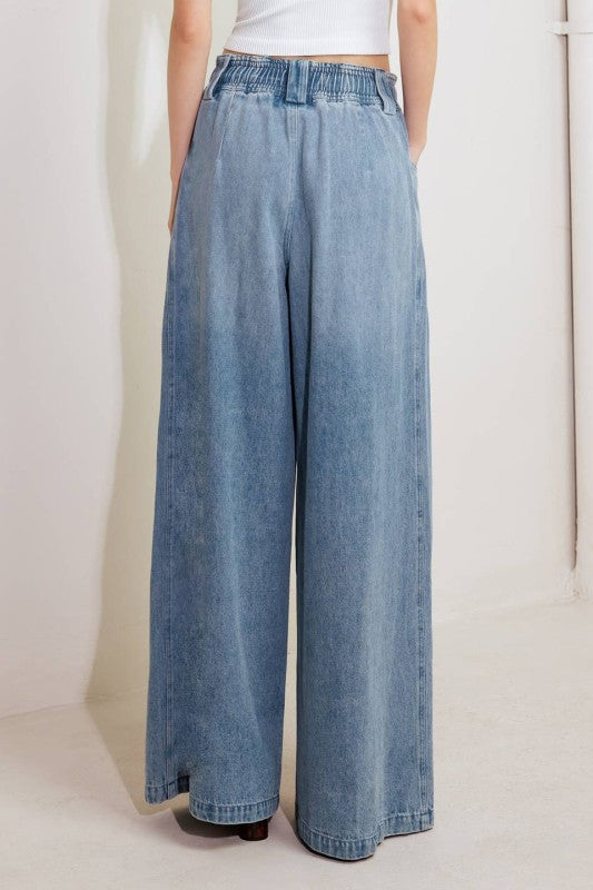 Drawstring Wide-Leg Denim Pants