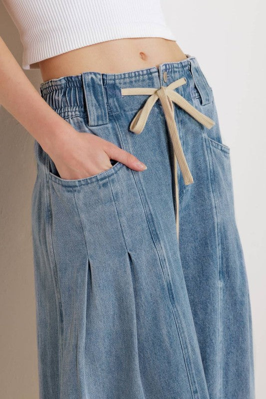 Drawstring Wide-Leg Denim Pants