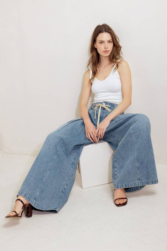Drawstring Wide-Leg Denim Pants