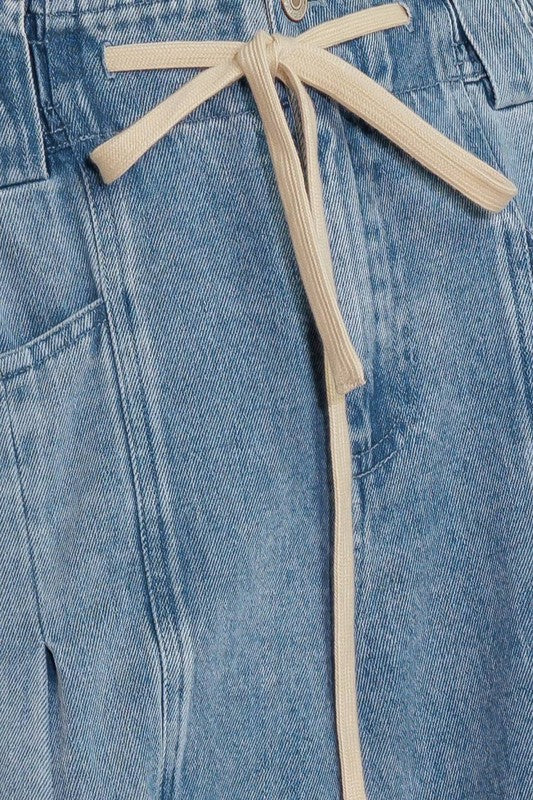 Drawstring Wide-Leg Denim Pants