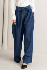 Crossover Waist Washed Denim Pants