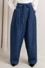 Crossover Waist Washed Denim Pants