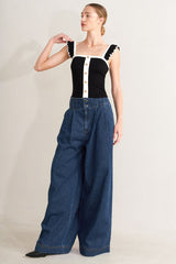 Indigo Washed Denim Wide-Leg Pants