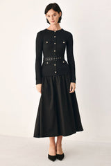 Gold Button Drop Waist Midi Dress