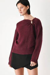 Off Shoulder Gold Hardware Knit Sweater (Ivory, Burgundy)