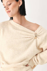 Off Shoulder Gold Hardware Knit Sweater (Ivory, Burgundy)