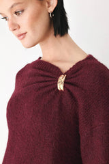 Off Shoulder Gold Hardware Knit Sweater (Ivory, Burgundy)