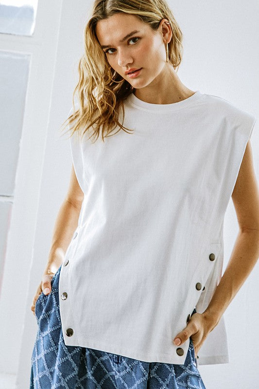 Snap Detail Knit Top (White, Black)