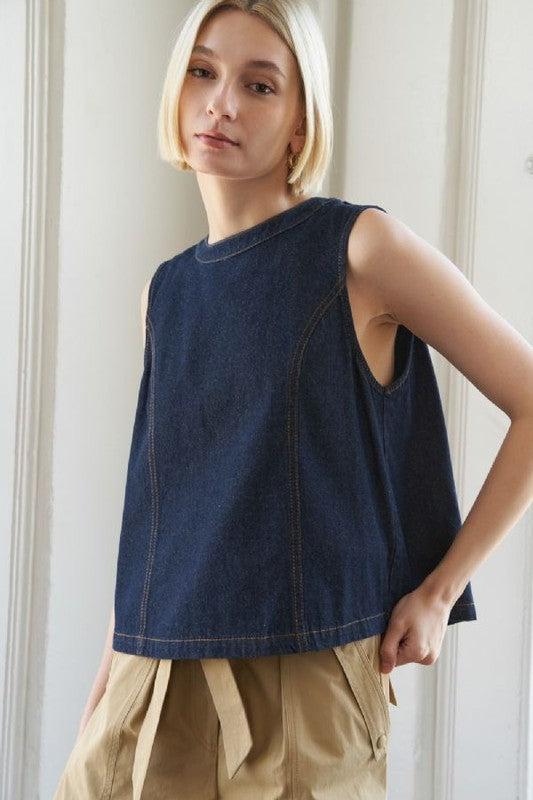 Sleeveless Open-Back Denim Top