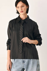 Pinstripe Neck Tie Button-Down Blouse