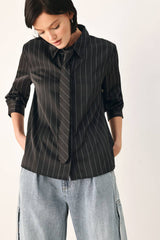 Pinstripe Neck Tie Button-Down Blouse