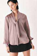 Satin Scarf Tie Long Sleeve Blouse (Mauve & Champagne)