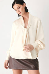 Satin Scarf Tie Long Sleeve Blouse (Mauve & Champagne)
