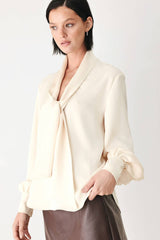 Satin Scarf Tie Long Sleeve Blouse (Mauve & Champagne)