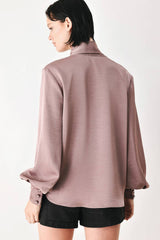 Satin Scarf Tie Long Sleeve Blouse (Mauve & Champagne)