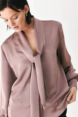 Satin Scarf Tie Long Sleeve Blouse (Mauve & Champagne)