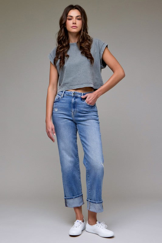 High-Rise Cuffed Straight Jeans
