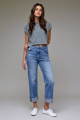 High-Rise Cuffed Straight Jeans