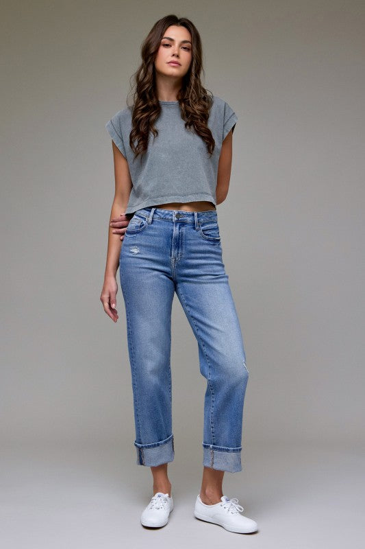 High-Rise Cuffed Straight Jeans