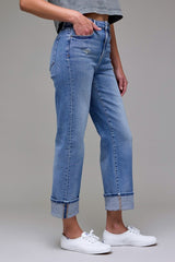 High-Rise Cuffed Straight Jeans