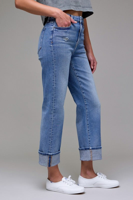 High-Rise Cuffed Straight Jeans