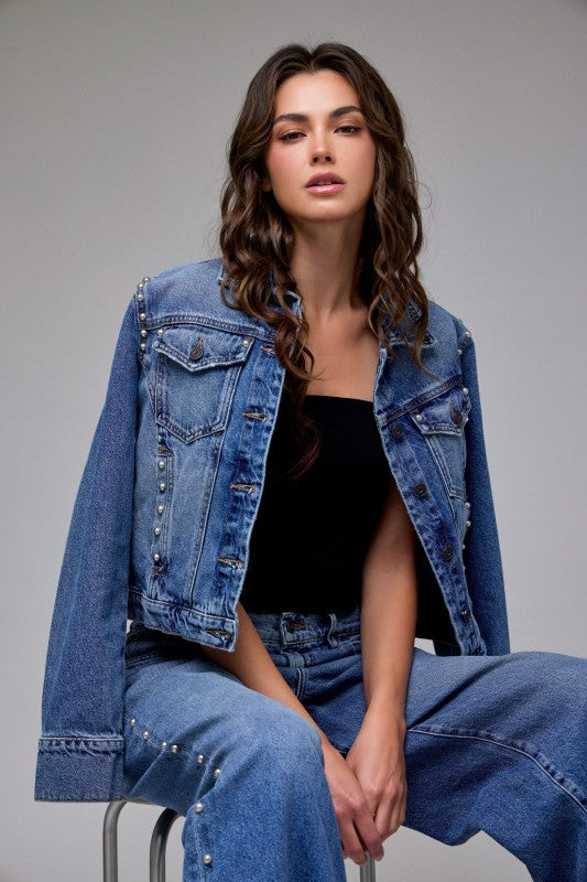 Silver-Studded Cropped Denim Jacket