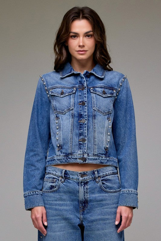 Silver-Studded Cropped Denim Jacket
