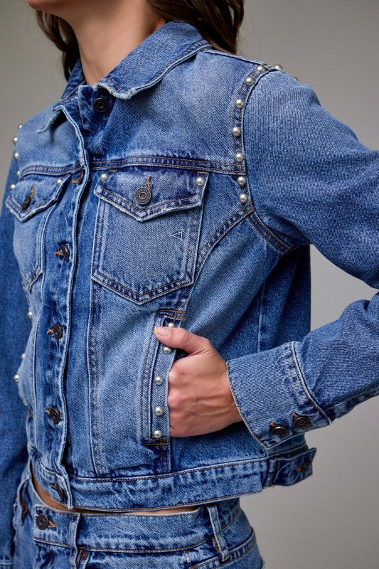 Silver-Studded Cropped Denim Jacket