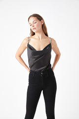 Beaded Satin Cowl Neck Top