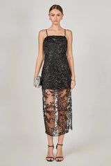 Black Sequin Embroidered Sheer Maxi Dress