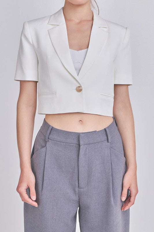 Cropped Short Sleeve Blazer (Black, White)