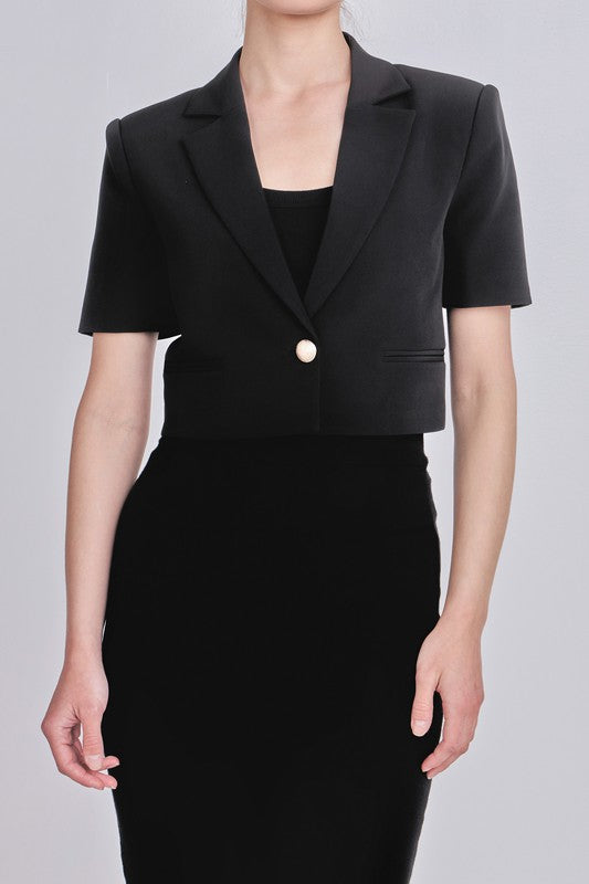 Cropped Short Sleeve Blazer (Black, White)
