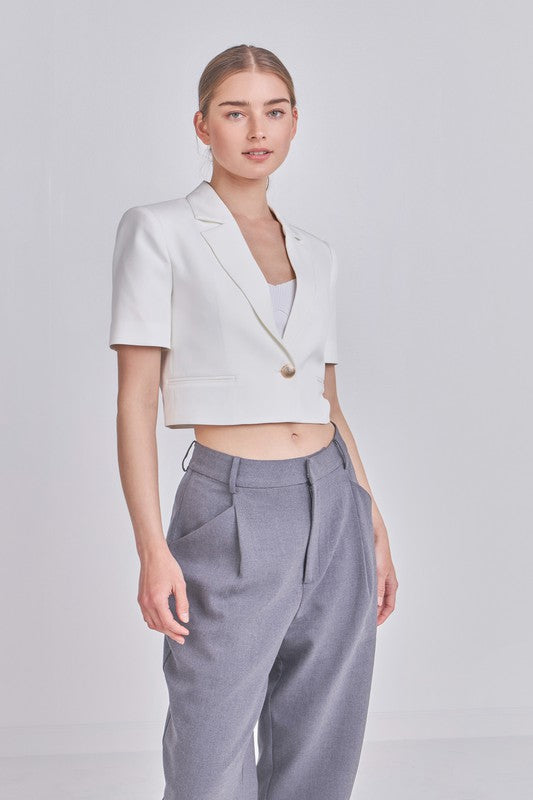 Cropped Short Sleeve Blazer (Black, White)