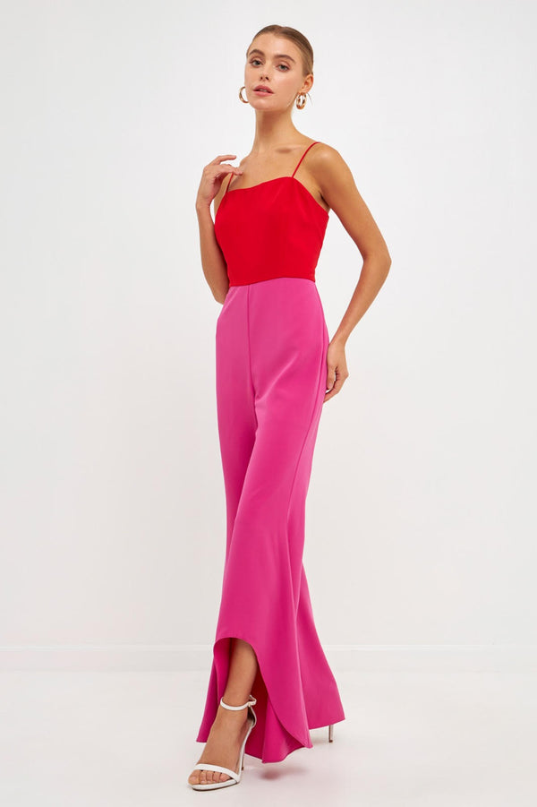 Red & Fuchsia Color Block Jumpsuit