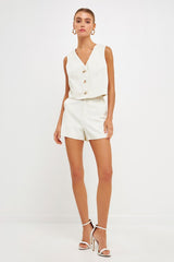 High Waisted Suiting Shorts (Cream, Ocean Blue)