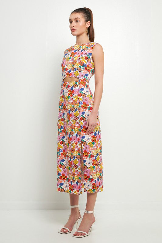 Cotton Floral Print Cutout Maxi Dress