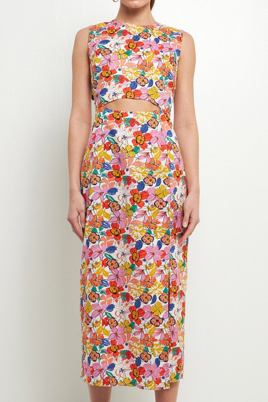 Cotton Floral Print Cutout Maxi Dress